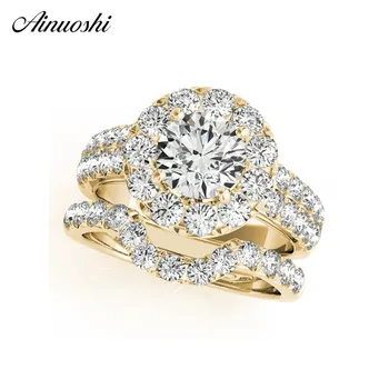 

AINUOSHI Classic 925 Sterling Silver Wedding Ring Set Yellow Gold Color 1ct Round Halo Lovely Bridal Ring Women Anniversary Gift