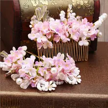3 UNIDS Rosa Flor Nupcial Del Pelo Peines tiaras accesorios para el cabello venda Cristalina de la vendimia de las mujeres de boda hecho a mano de las horquillas