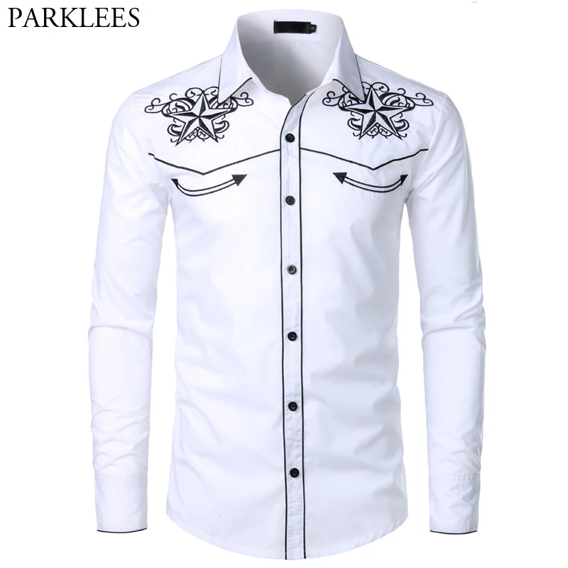 

Double Star Embroidery White Tuxedo Shirt Men Slim Fit Long Sleeve Dress Shirts Mens Wedding Party Banquet Social Shirt Male 2XL