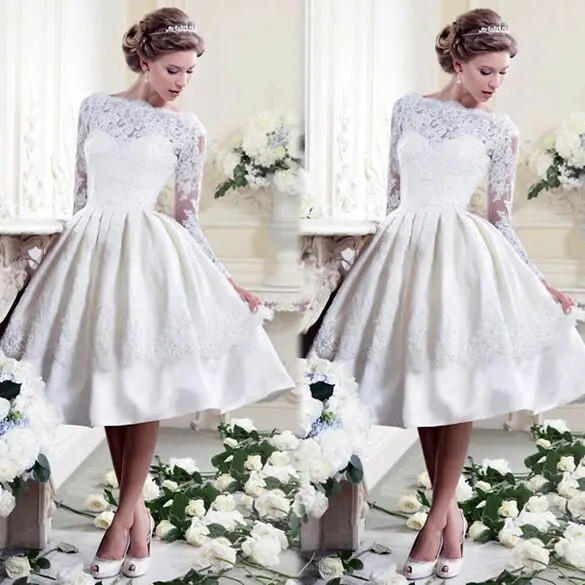 New Design Boat Neck Ball Gown Short Wedding Dresses 2017 Custom New Design Boat Neck Ball Gown Short Wedding Dresses 2017 Custom Made Tea Length Lace Liqued Backless Vintage Gowns In From