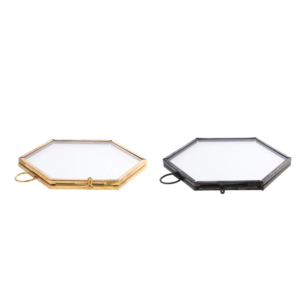Pieces of 2 Modern Hanging Hexagon Glass Metal Photo Frame Home Decor Gold+Copper