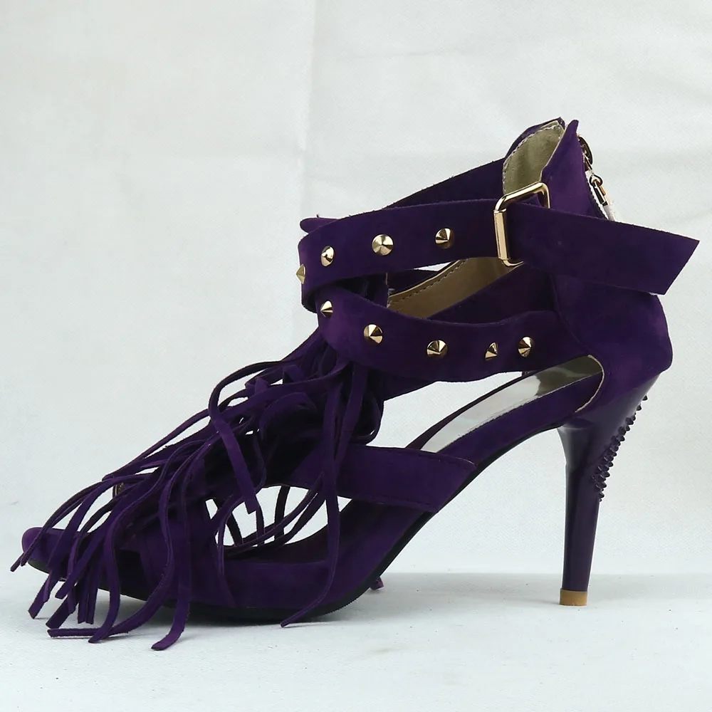 Бренд в продаже пикантные женские босоножки с кисточками синие черные пурпурные и красные женские туфли на высоком каблуке с бахромой и заклепками большой размер 32–43 10 AY102 - Цвет: Purple