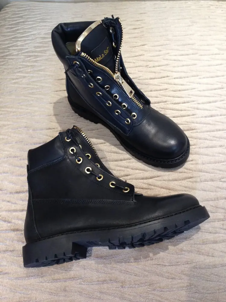 Fashion Women Metal Zipper Wool Fur Warm Ankle Martin Boots Motorcyc High Quality Full Grain Leather Round Toe Short Flats Shoes