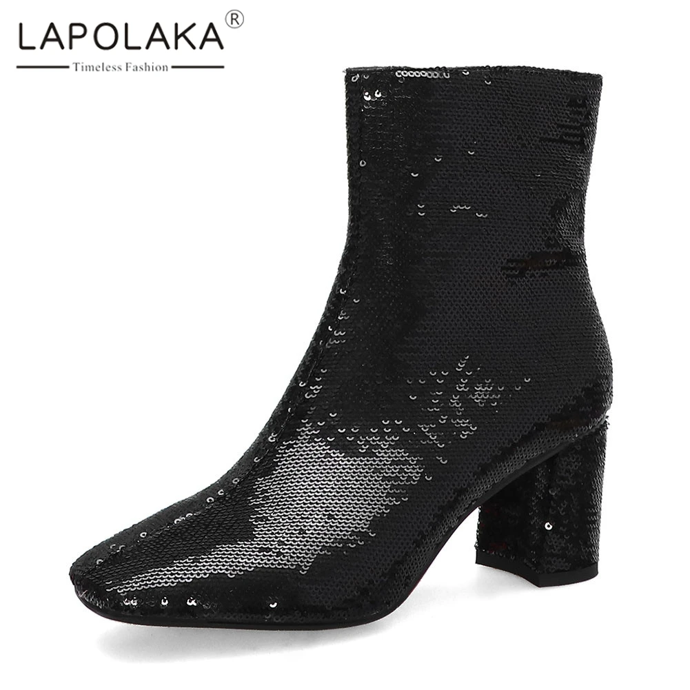 

Lapolaka New Fashion Big Size 34-44 Ladies High Heels Bling Zip Shoes Woman Casual Party Sexy Autumn Winter Ankle Boots