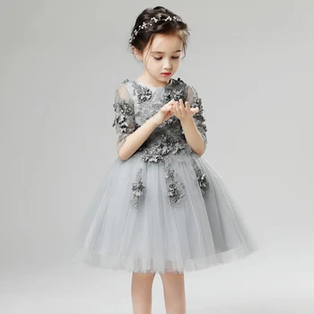 

Half Sleeve Cute Princess Dress Lace Applique Flower Girl Mesh Dresses Beads Communion Gown Sequins Children Wedding Pageant