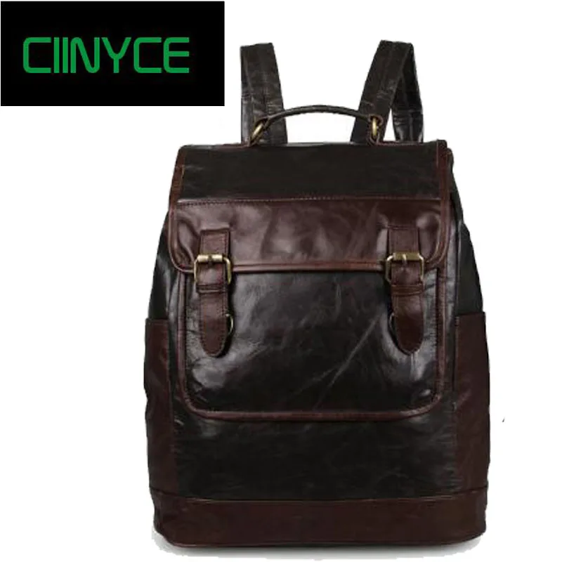 

vintage genuine leather cow double shoulder Wax Oil Cowhide Real skin men women leisure travel bags 15 inch computer Backpacks