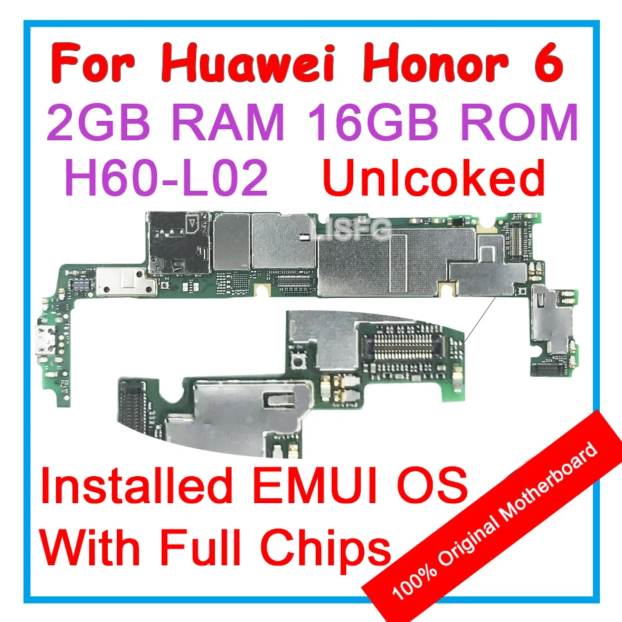 

2GB RAM 16GB ROM For HUAWEI Honor 6 H60-L02 Motherboard 100% Unlocked Original Mainboard EMUI Logic Board With Full Chips