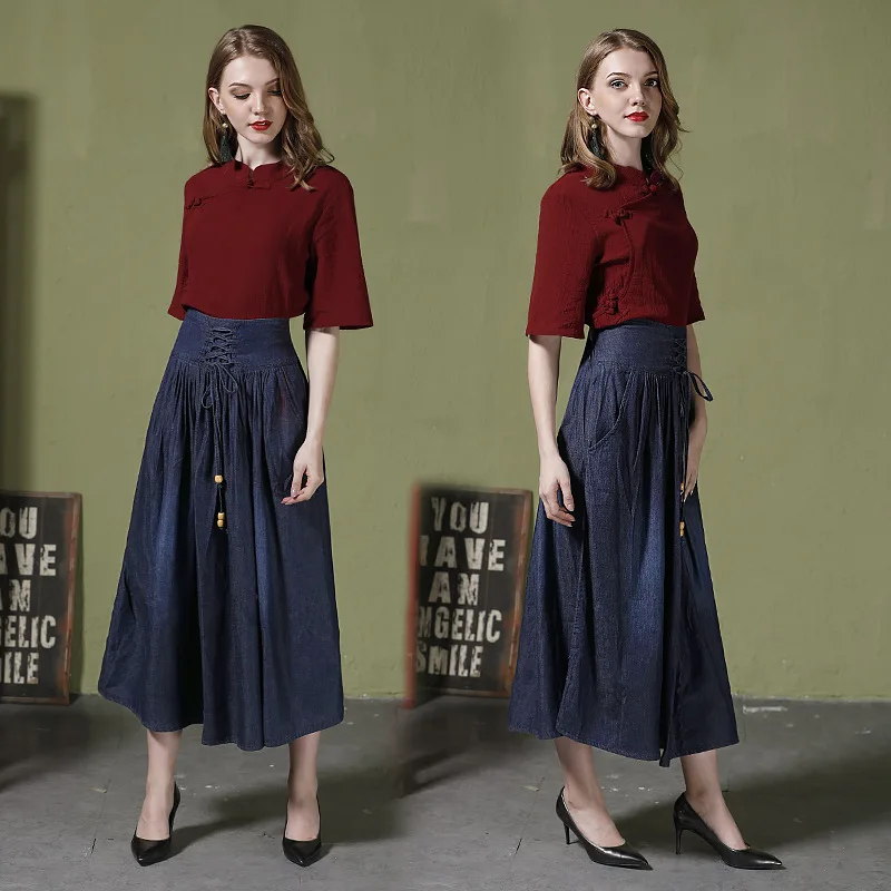 Plus Size Long Women Jean Skirt Summer New Solid Lace-up High Waist faldas mujer moda 2018 Femme New Female Skirt Faldas Mujer Skirts