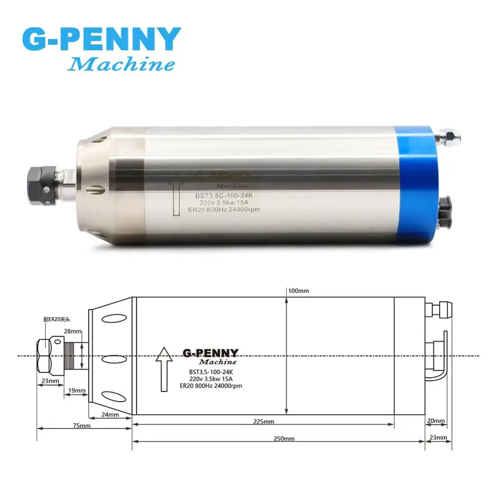 Metal working spindle 3.5kw ER20 water cooled spindle motor pole=4, 800Hz used for metal,copper,iron,stainless steel etc