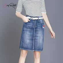 Короткие летние женские короткие джинсовые юбки модные повседневные джинсовые прямые юбки до колена с вышивкой(синий