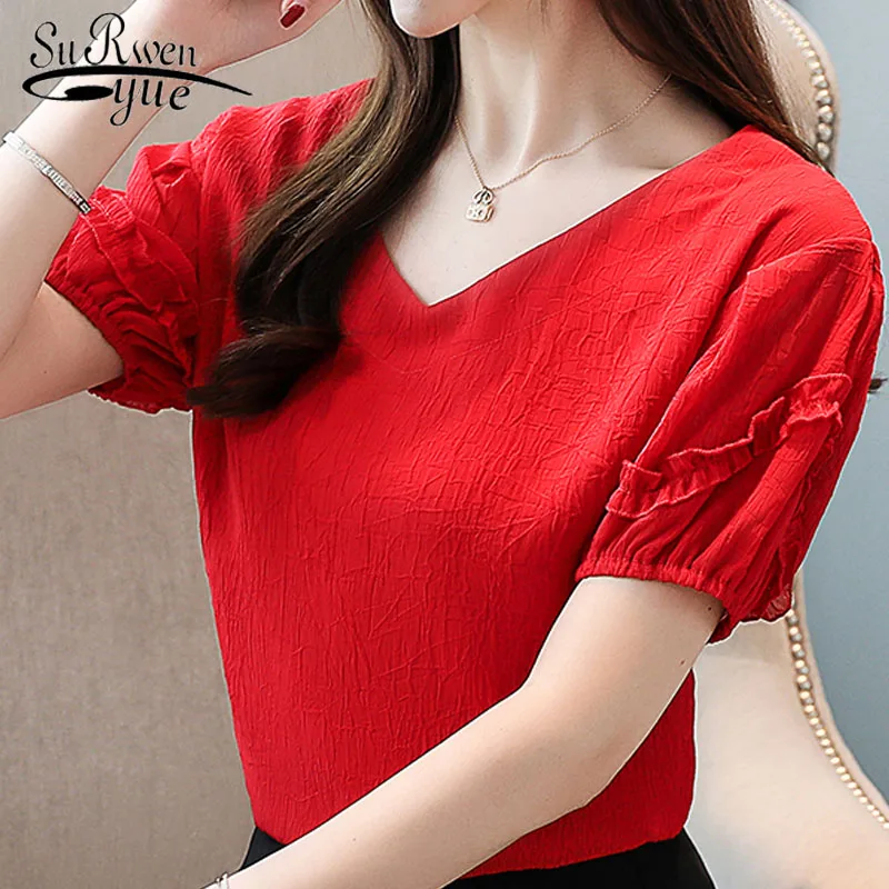 

Women blouse and top 2019 New V-collar chiffon blouses with short sleeves red and purple of summer blouses in summer top 3459 50