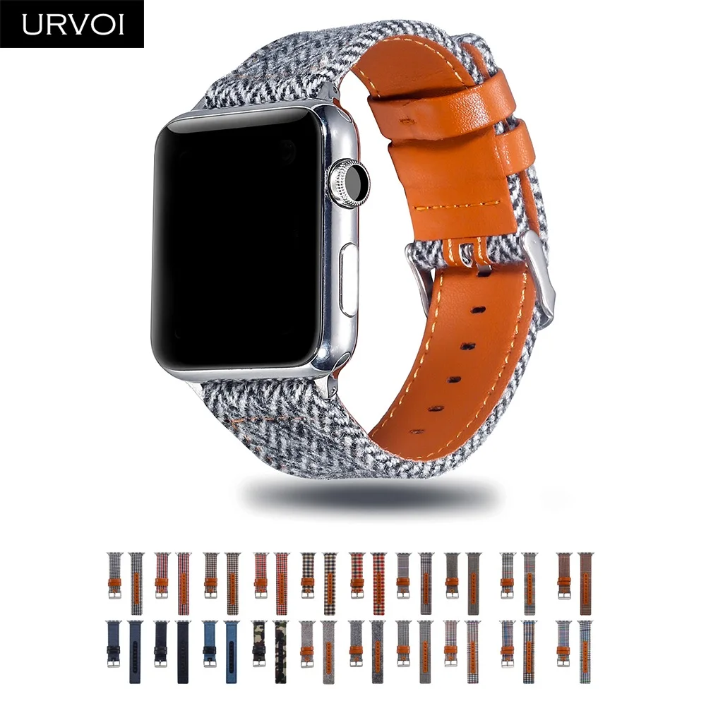 

URVOI Canvas band for Apple Watch series 5 4 3 2 1 wrist Jean strap for iwatch Houndstooth pattern classic design leather back