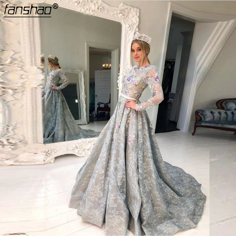 

Silver Muslim Evening Dresses Tulle O-Neck Long Sleeves See-Through Applique Bead Illusion Islamic Dubai Saudi Arabic Prom Dress
