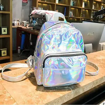 

Women School Shiny Laser Mini Travel Student Cute Ladies Leather Hologram Backpacks Silver Small Holographic Backpack
