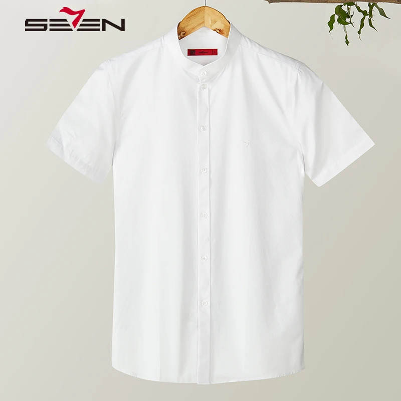 

Seven7 Brand Summer Mens Dress Shirts Solid Mandarin Collar Shirts For Men Short Sleeve Slim Fit Male Formal Brand Clothing
