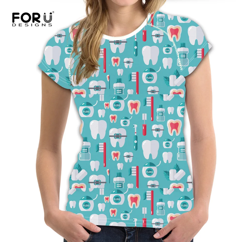 FORUDESIGNS Cute Woman's O Neck T Shirt Green Dentist Print Woman