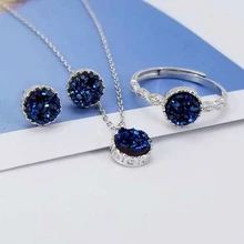 Ruifan Blue Round Natural Agate Druse Necklace/Earrings/Ring Sets 100% 925 Sterling Silver Wedding Jewelry Set for Women YJS030 Ruifan Blue Round Natural Agate Druse Necklace/Earrings/Ring Sets 100% 925 Sterling Silver Wedding Jewelry Set for Women YJS030