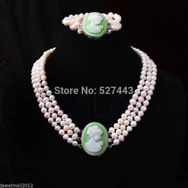 

Wholesale 8-9mm REAL freshwater white pearl 3 rows queen cameo necklace bracelet set (A0423)