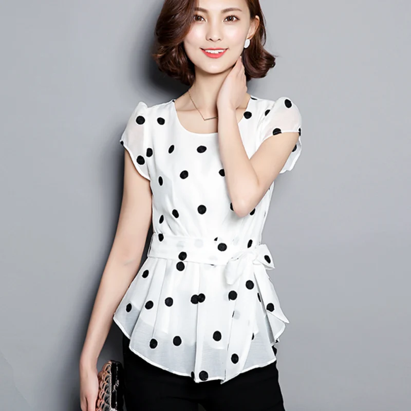 Рубашка женская в горошек шифоновая с коротким рукавом|polka dot chiffon blouse|chiffon blousefeminine