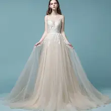 Vestido de Novia elegante champán 2019 largo sin mangas Vestido de Novia Boho encaje nupcial Vestido de Novia NW4