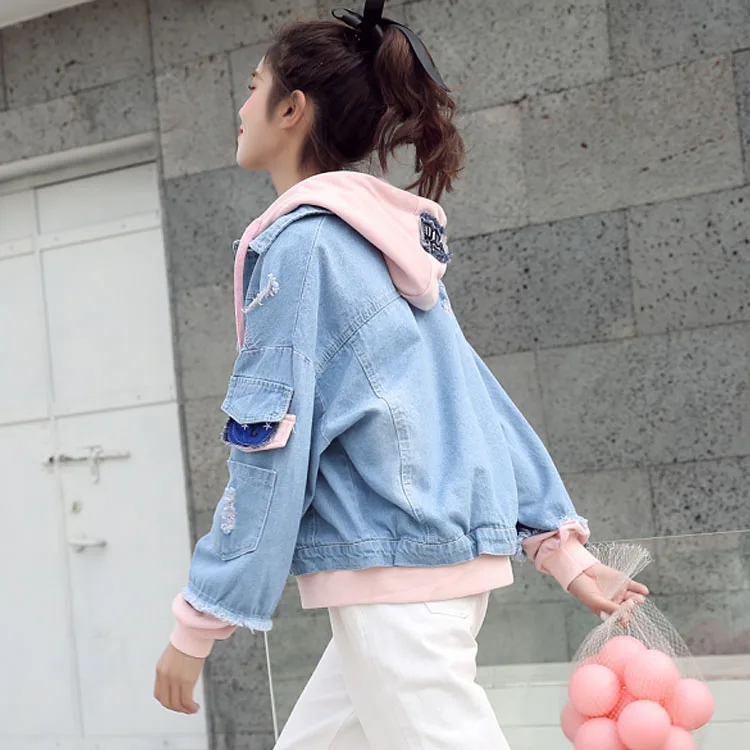 

Girls Patchwork Denimin Jacket with Hat Student loose baseball jacket Women Spring and Autumn Coat chaqueta mujer jaqueta femin