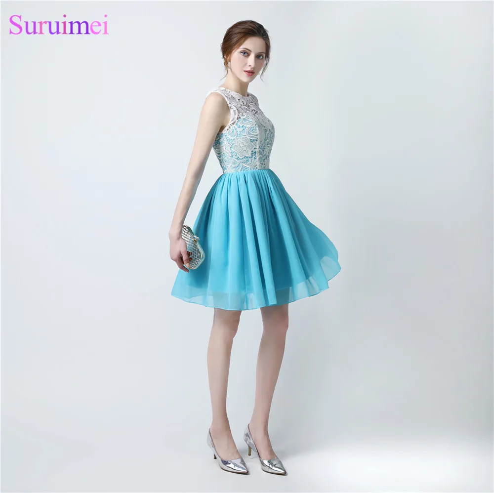 

Short Lace Prom Gown Sky Blue With Ivory Lace Top Buttons Back See Through Chiffon Prom Dresses Girls Graduation Party Gown