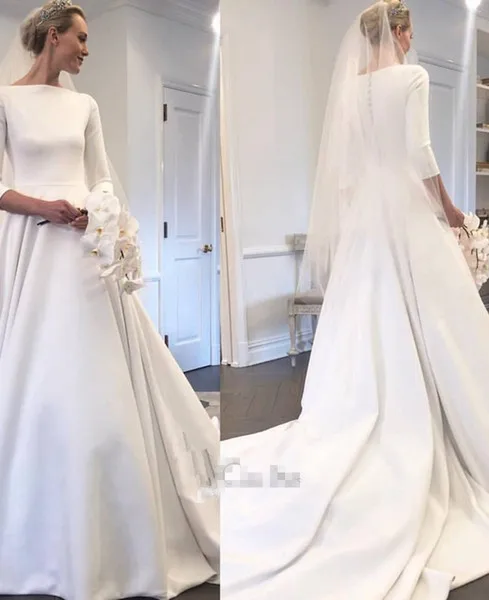 2018 New Meghan Markle Style A Line Wedding Dresses With Long Sleeves Sweep Train Covered Buttons Back Custom Made Garden Bridal Gowns
