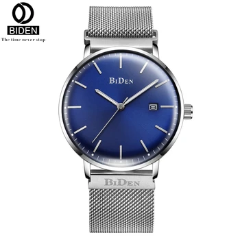 

BIDEN Auto Date Men Quartz Watch Stainless Steel Mesh Band Watches Fashion Slim Man Watches Male Relogio Sport Wristwatches 0052