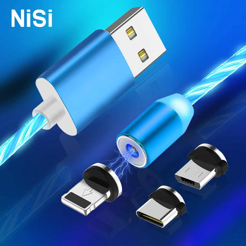 НИСИ светодиодный Micro USB Магнитный зарядный кабель для iPhone samsung Xiaomi huawei USB C TPE поток светящийся кабель быстрой зарядки