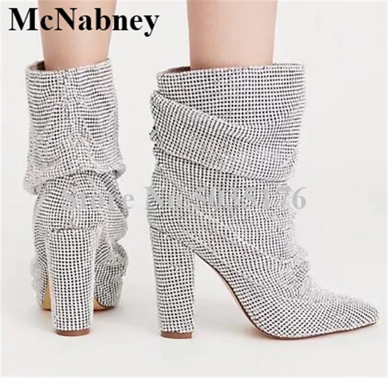 

European Bling Flock Women Pointed Toe High Hoof Heel Mid-Calf Pleated Boots High Heel Boots Slip-On Spring/Autumn Women Shoes