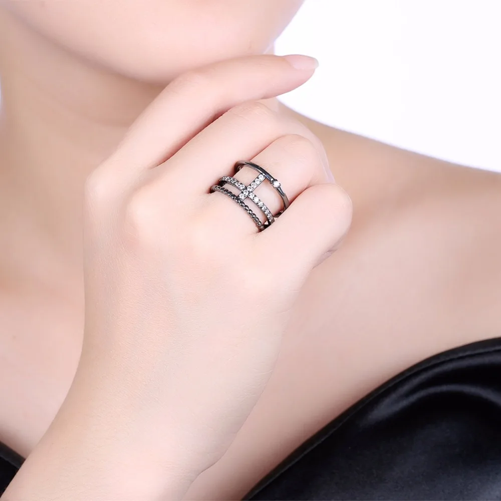Geometric Design Cubic Zirconia Party Accessorise Black Gun Color Rings For Womens Fashion Jewelry (JewelOra RI103321)