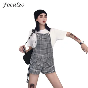 

Focal20 Streetwear Plaid Jumpsuit Casual Loose Pockets Adjustable Strap Suspender Playsuit Overalls