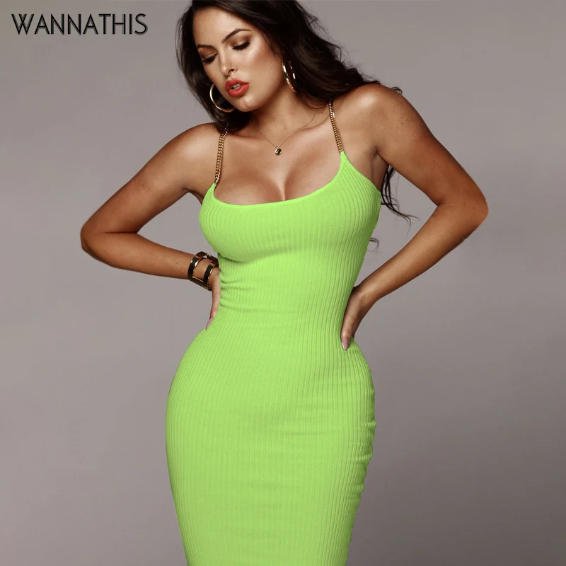 

WannaThis Metal Spaghetti Strap Knitted Knee Length Dress Slash Neck Sleevesless Solid Slim Casual Elastic Sexy Party Dress