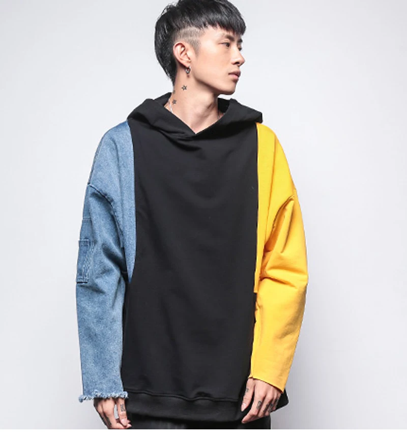 Patchwork Oversized Sweatshirt Men Fashion Long Hoodies Men  (12)