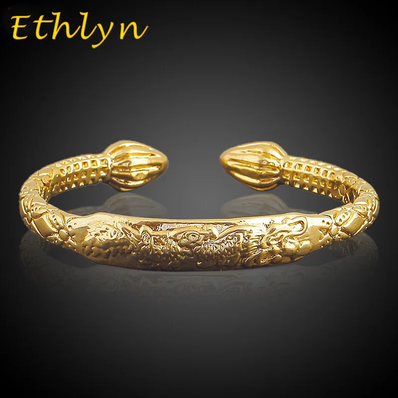 

Ethlyn African Real man jewelry accessories Gold Color dragon Opening embossing gold bracelets &bangles for father/man gift B41B