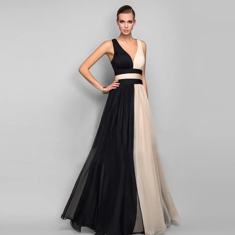 2018 Summer Women Elegant Halter V-Neck Long Maxi Dress Sexy Sleeveless Patchwork Color Block Chiffon Dresses Dresses