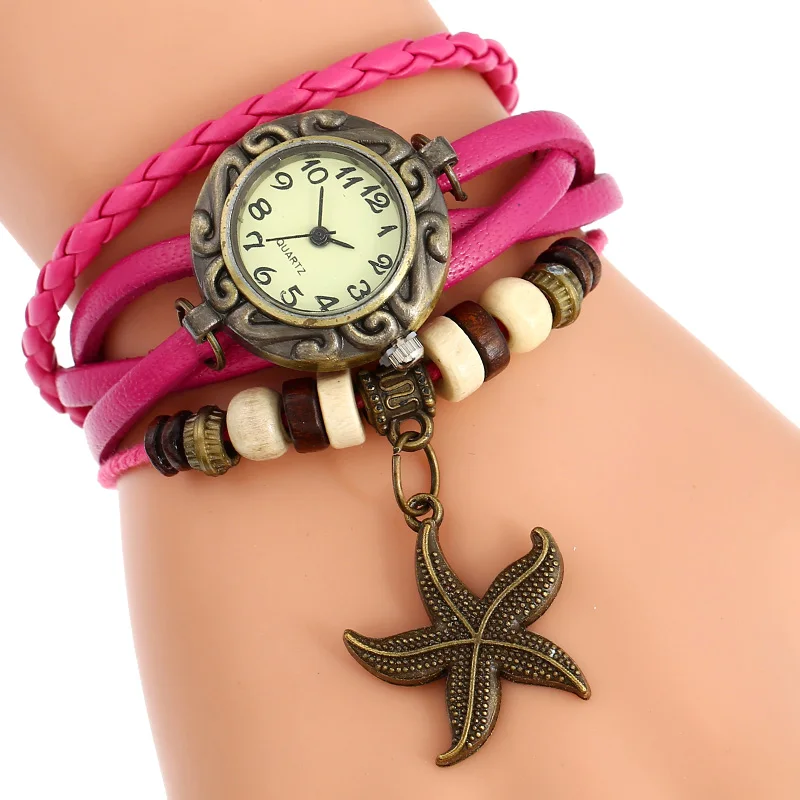 Gnova Платиновые индийский этнический браслет часы Морская звезда Шарм Винтаж наручные часы с ремешком из натуральной кожи для девочек модная школьная сумка A902 - Цвет: Розовый