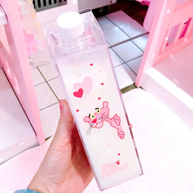 500 мл креативная пластиковая бутылка для воды Милая коробка для молока форма прозрачные бутылки для воды мультфильм Розовая пантера бутылка для напитков посуда для напитков
