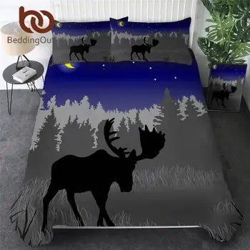 

BeddingOutlet Elk Home Textile Night Forest Duvet Cover With Pillow Case Black Shadow Moon Bedding Set Animal Bed Linens Queen
