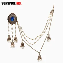 SUNSPICEMS-pendientes de joyería india para mujer, tocado de enlace, aretes de borla de perla de oro antiguo con cadena larga de Sahara