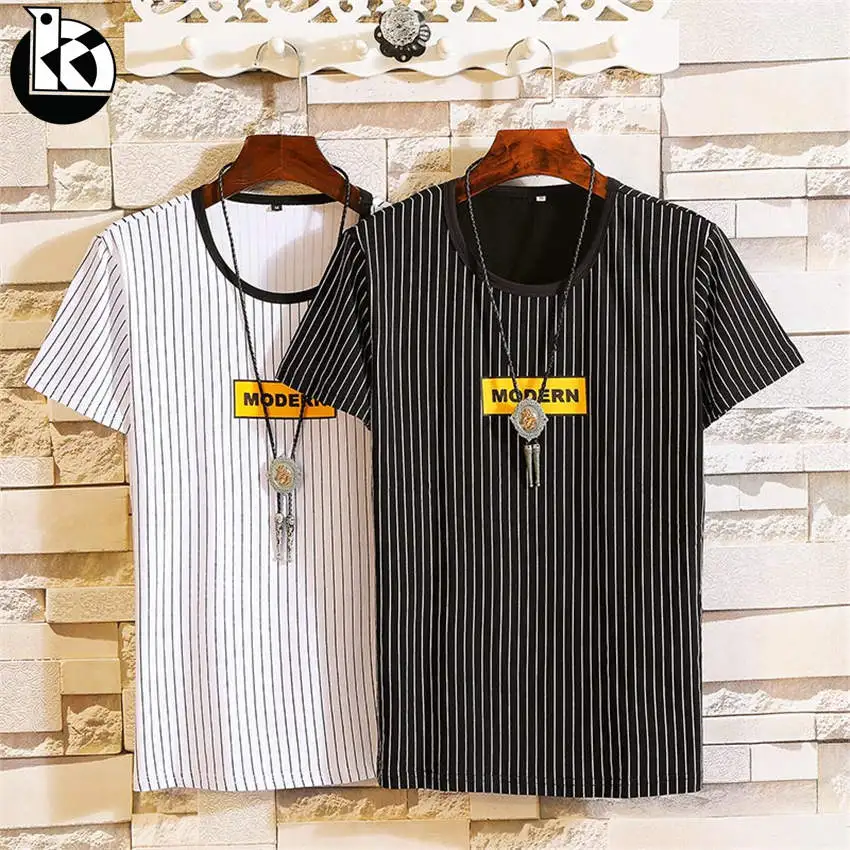 

2019 New Summer Fashion Large Size Striped Short Sleeve T shirt Men Daily Casual Loose Brand Trend Letter Printing Mens T shirts