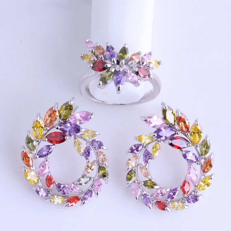 

Love Monologue Colorful Imitation Garnet/Peridot/Crystal 925 Stamp Silver Color Ring & Stud Earring Jewelry Set for Women JS022