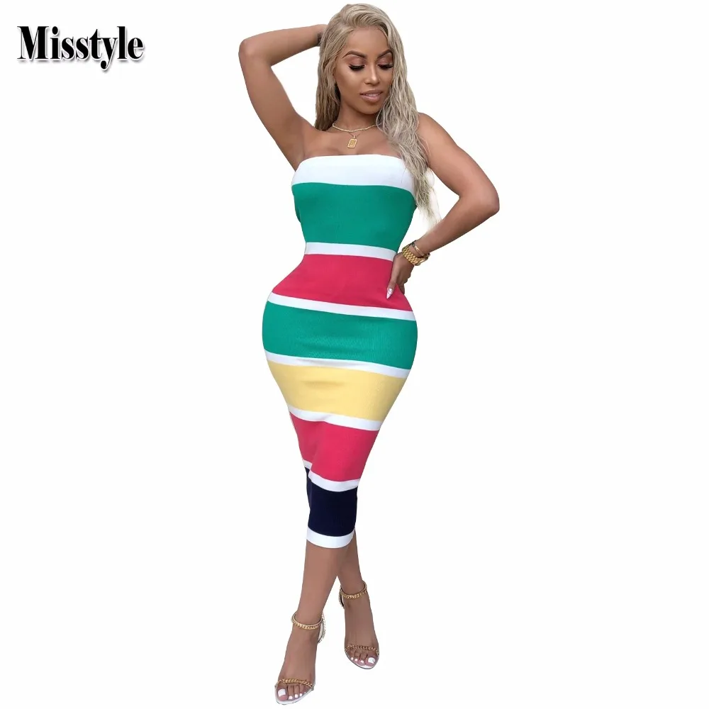Misstyle Colorful Striped Bodycon Dress Sexy Women Strapless Contrast