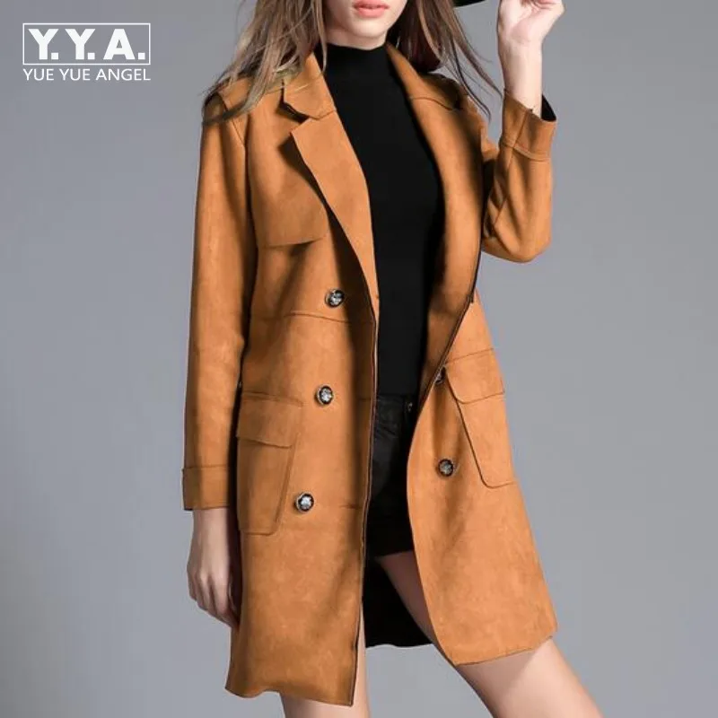 Top Quality Brand Womens Slim Fit Suede Leather Long Jacket Female Double Breasted Trench Coat Lepal Windbreaker Overcoat Size Top Quality Brand Womens Slim Fit Suede Leather Long Jacket Female Double Breasted Trench Coat Lepal Windbreaker Overcoat Size