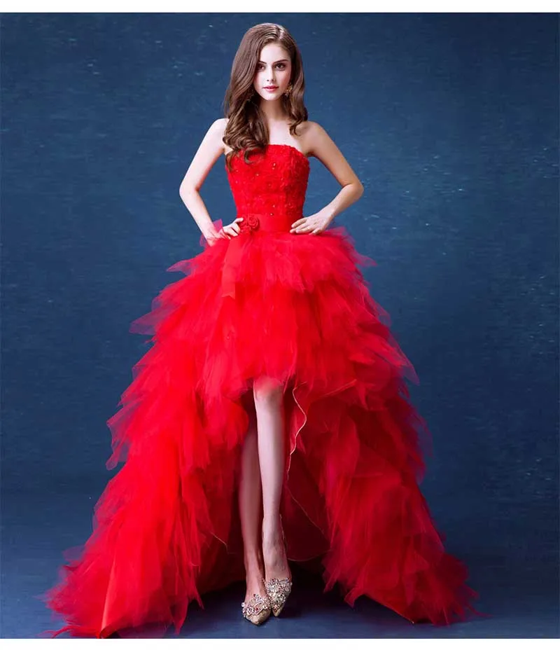 

Large Size 5XL Custom Red Wedding Bridal Strapless Evening Party Dress Front Short Back Long Trailing Dress Red Carpet For Lady