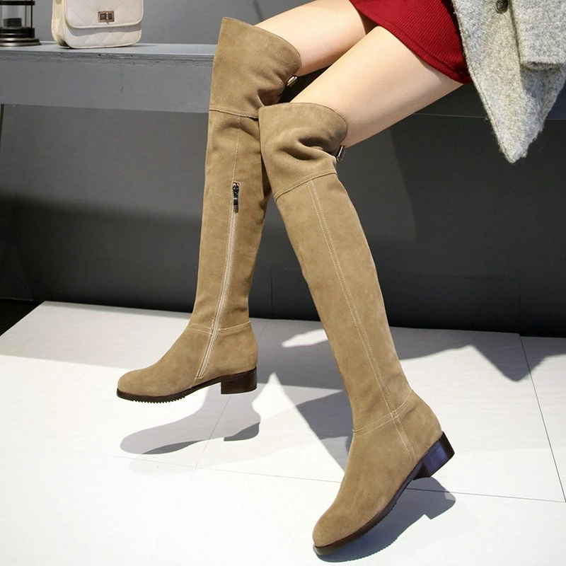 2017 New Brand Designer Fit Slim over the knee suede leather boots womens flat Famous boots winter zipper fashion shoes LC07