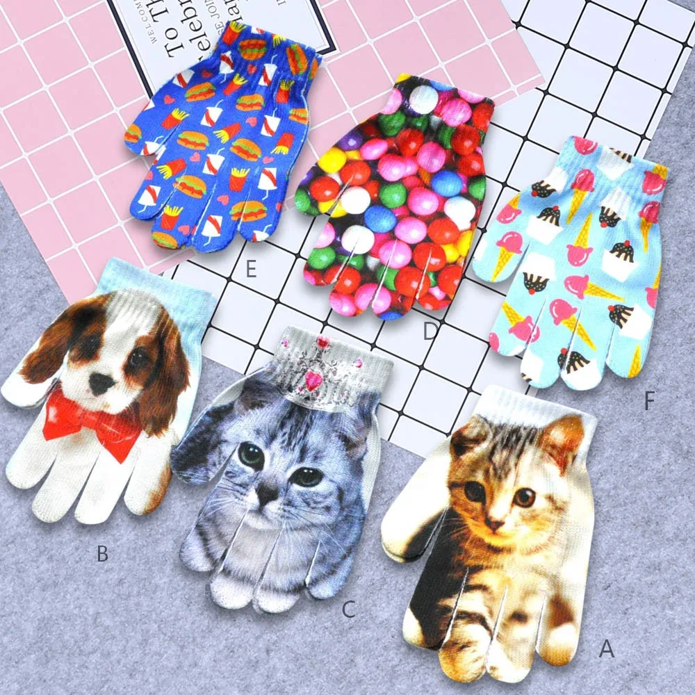 Для детей Зимние теплые 3D животных печати вязаная Кошечка Pet милые перчатки Модные Удобные Перчатки L50/1224