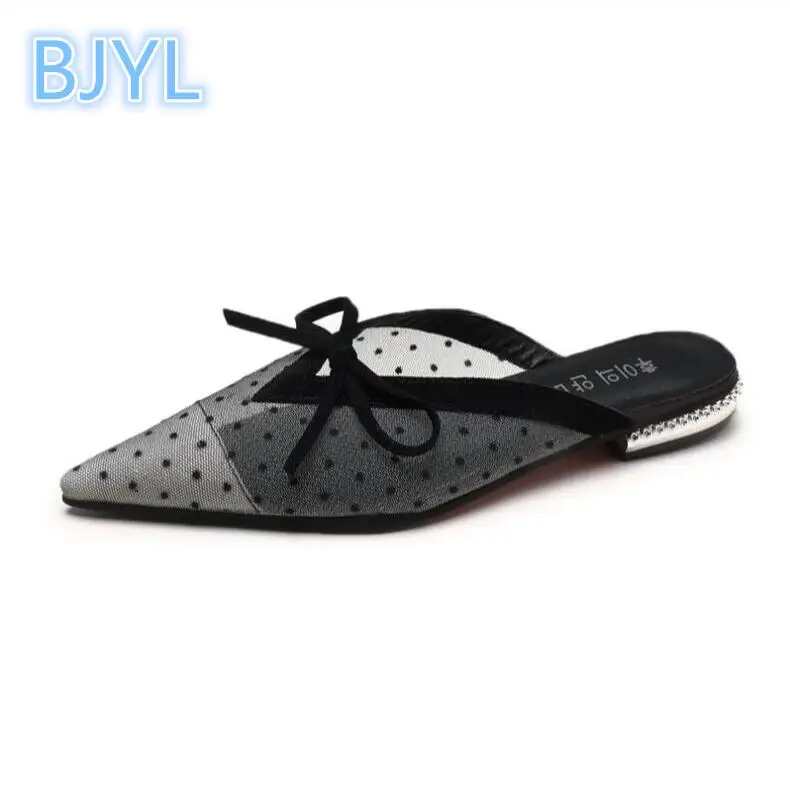

BJYL Slipper female summer outside wear 2018 new student pointed bow knot gauze wave point word drag Roman shoes