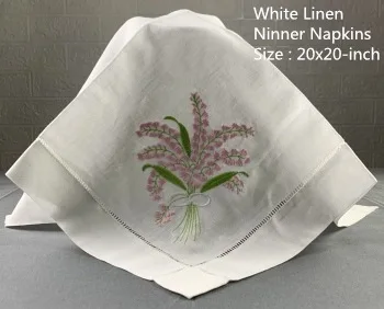 

Set of 12 Fshion Handkerchiefs White linen Hemstitched Table Napkin 20x20-inch Ladder Embroidery Flower Dinner Napkins
