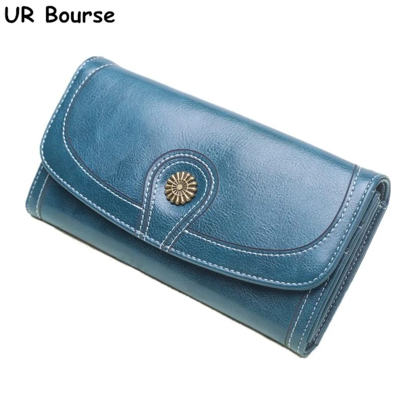 

UR BOURSE Women's Long Wallet Leather Mobile Phone Bag Ladies Retro Oil Wax Purse Female Large Capacity Clutch Bag Card Holder